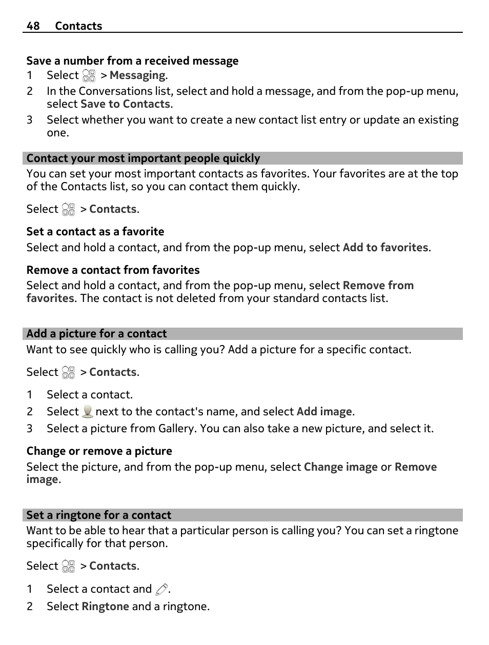 Contact your most important people quickly, Add a picture for a contact, Set a ringtone for a contact | Contact your most important people, Quickly | Nokia E6-00 User Manual | Page 48 / 126