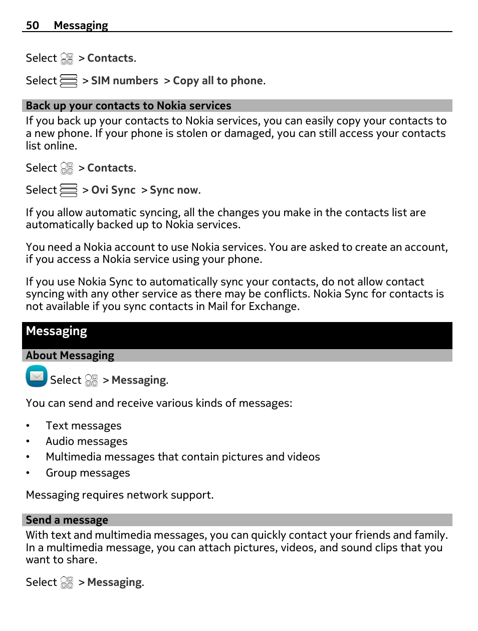 Back up your contacts to nokia services, Messaging, About messaging | Send a message, Back up your contacts to nokia, Services | Nokia E6-00 User Manual | Page 50 / 126
