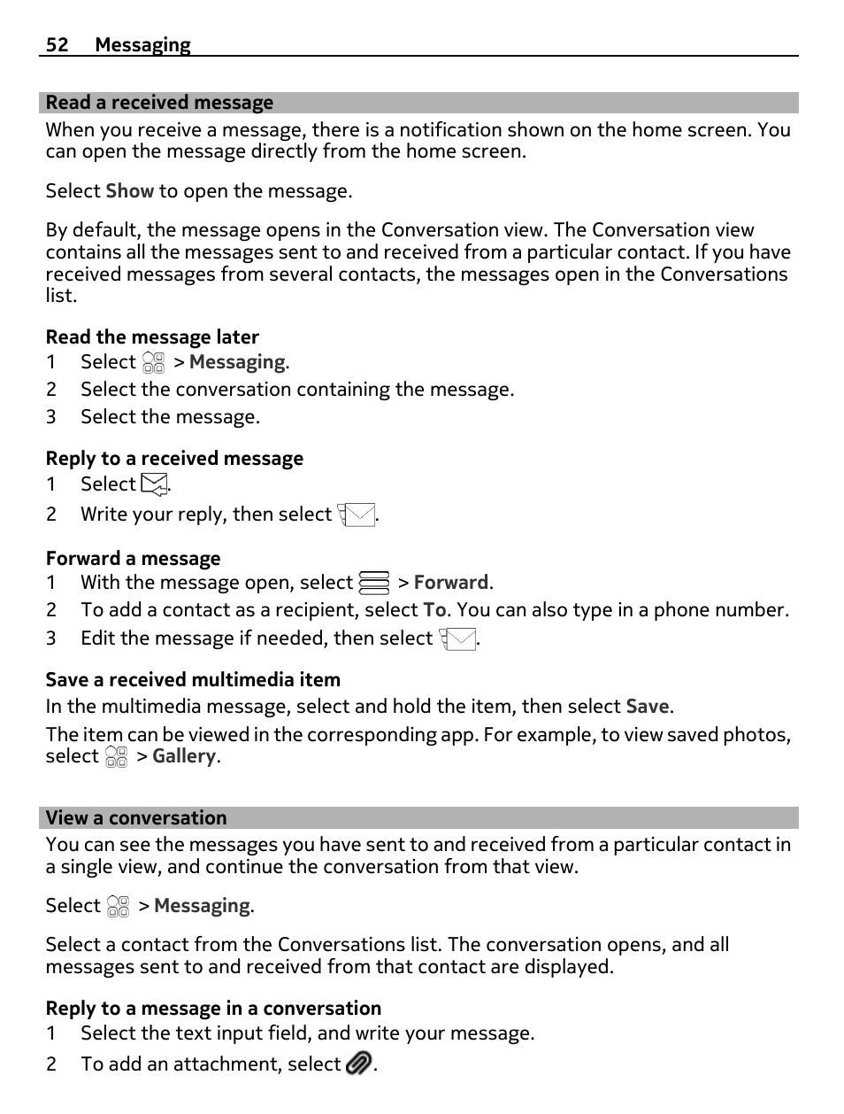 Read a received message, View a conversation | Nokia E6-00 User Manual | Page 52 / 126