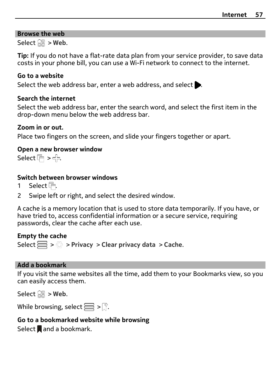 Browse the web, Add a bookmark | Nokia E6-00 User Manual | Page 57 / 126
