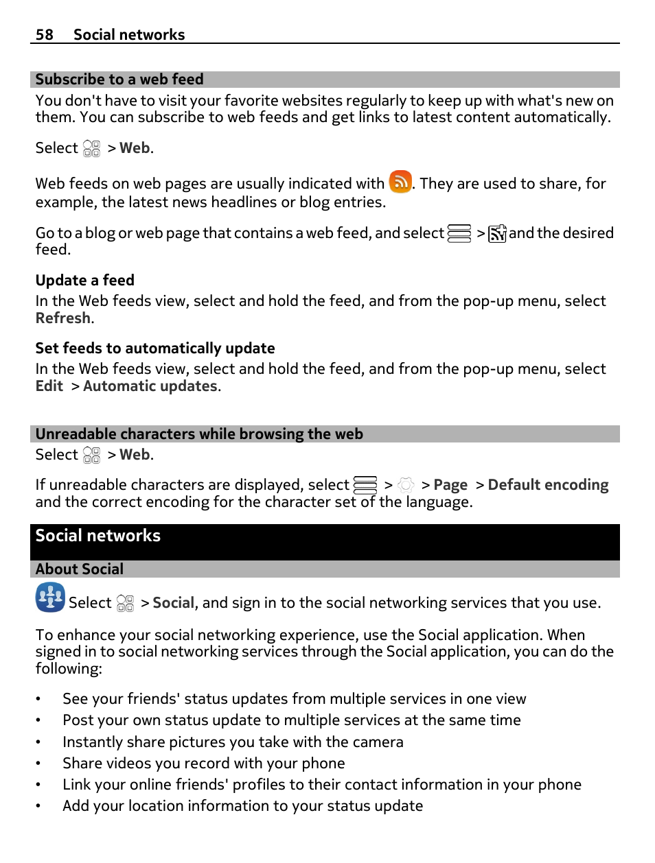 Subscribe to a web feed, Unreadable characters while browsing the web, Social networks | About social, Unreadable characters while, Browsing the web | Nokia E6-00 User Manual | Page 58 / 126
