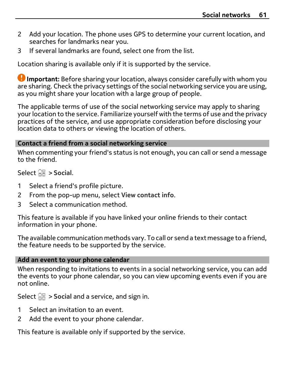 Contact a friend from a social networking service, Add an event to your phone calendar, Contact a friend from a social | Networking service, Add an event to your phone calendar 61 | Nokia E6-00 User Manual | Page 61 / 126