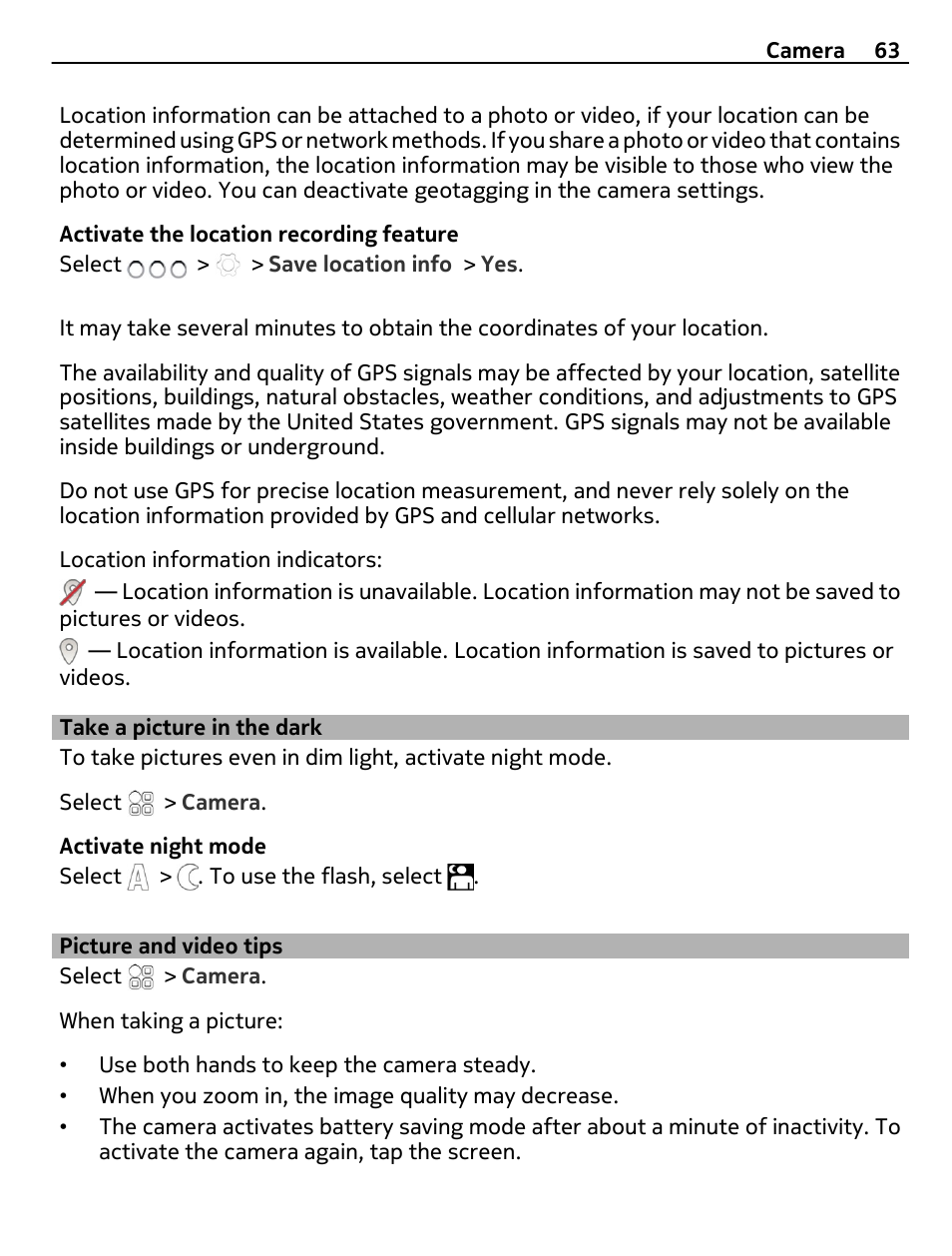 Take a picture in the dark, Picture and video tips | Nokia E6-00 User Manual | Page 63 / 126