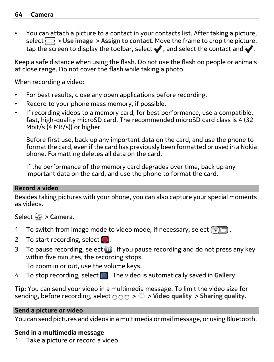 Record a video, Send a picture or video | Nokia E6-00 User Manual | Page 64 / 126