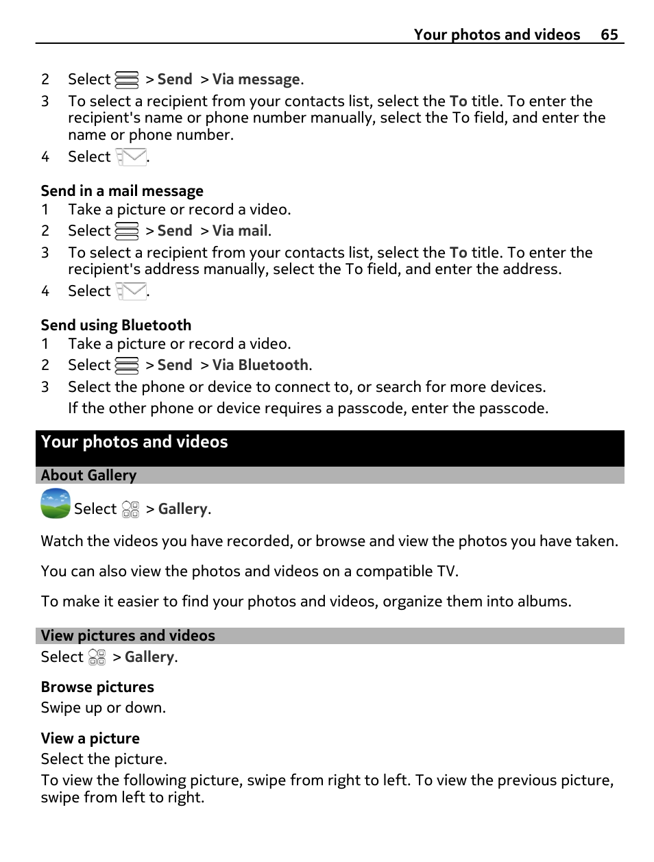 Your photos and videos, About gallery, View pictures and videos | Nokia E6-00 User Manual | Page 65 / 126