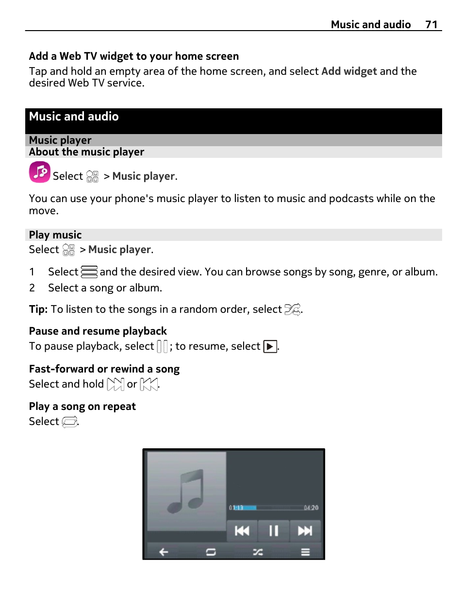 Music and audio, Music player, About the music player | Play music | Nokia E6-00 User Manual | Page 71 / 126