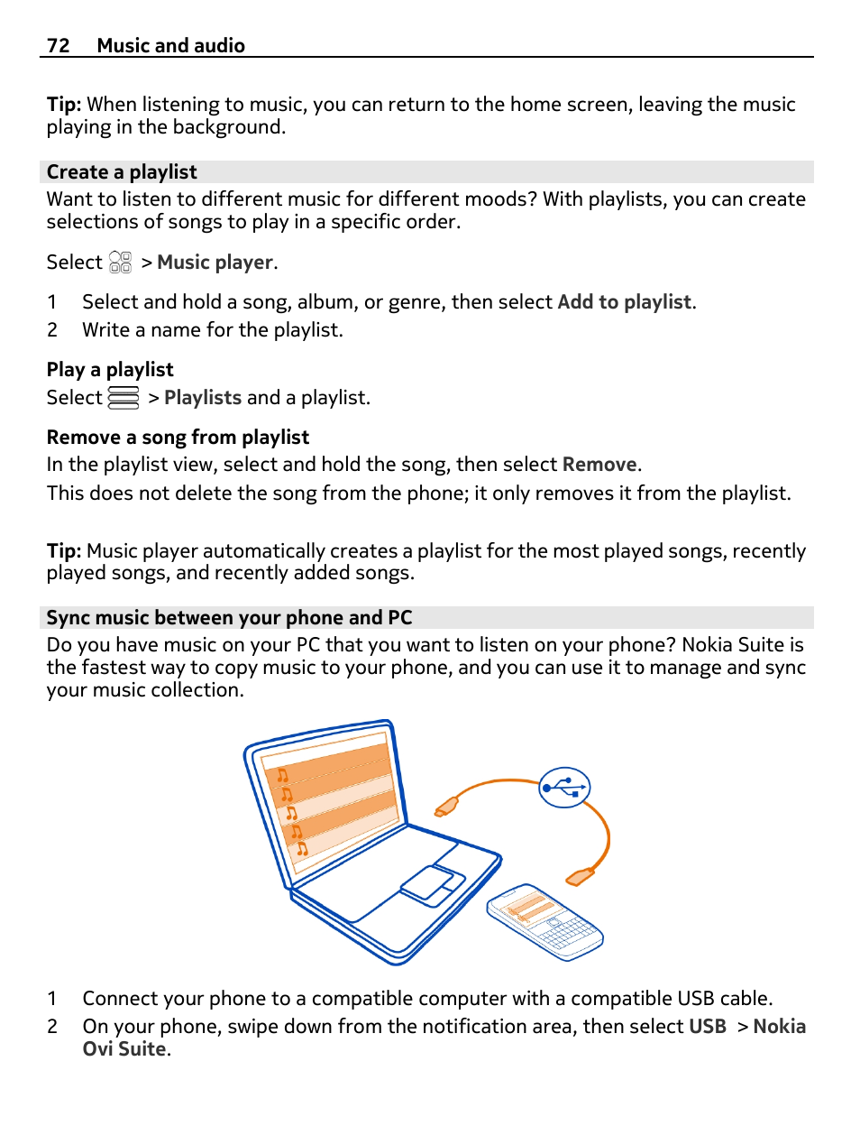 Create a playlist, Sync music between your phone and pc | Nokia E6-00 User Manual | Page 72 / 126