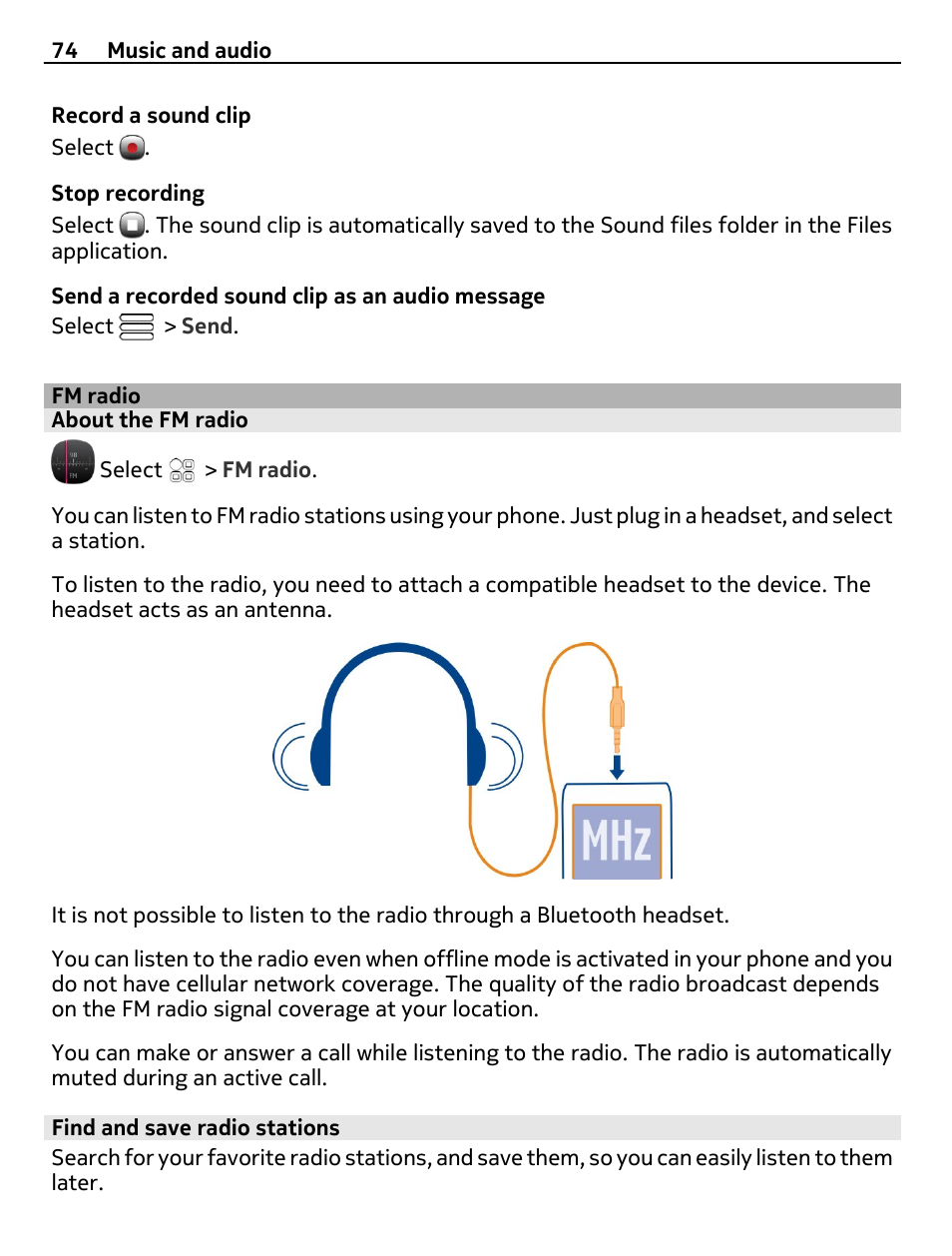 Fm radio, About the fm radio, Find and save radio stations | Nokia E6-00 User Manual | Page 74 / 126