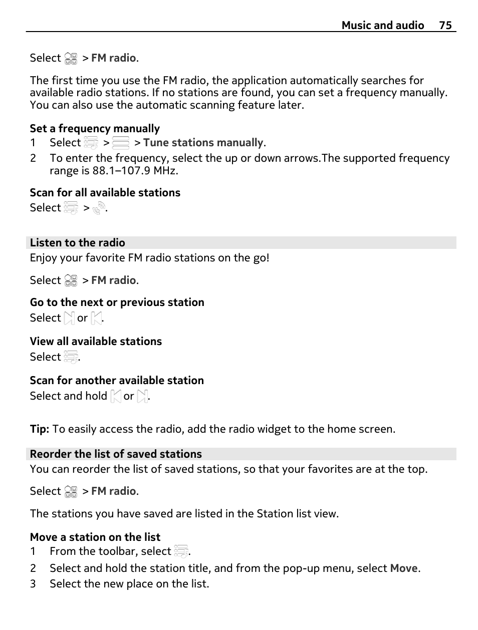 Listen to the radio, Reorder the list of saved stations | Nokia E6-00 User Manual | Page 75 / 126