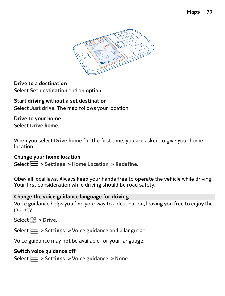 Change the voice guidance language for driving | Nokia E6-00 User Manual | Page 77 / 126