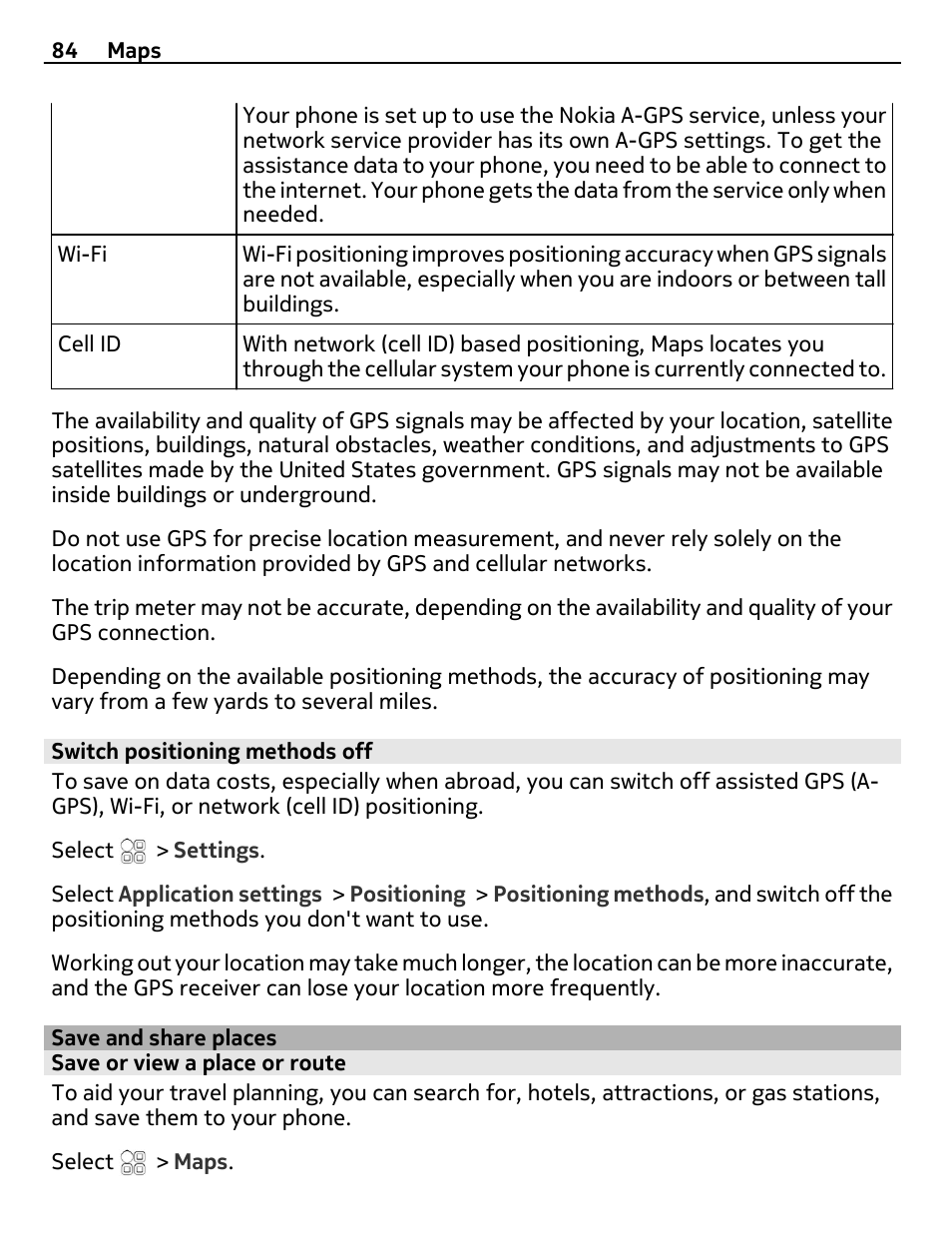 Switch positioning methods off, Save and share places, Save or view a place or route | Nokia E6-00 User Manual | Page 84 / 126