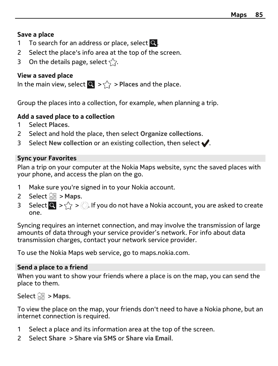 Sync your favorites, Send a place to a friend | Nokia E6-00 User Manual | Page 85 / 126
