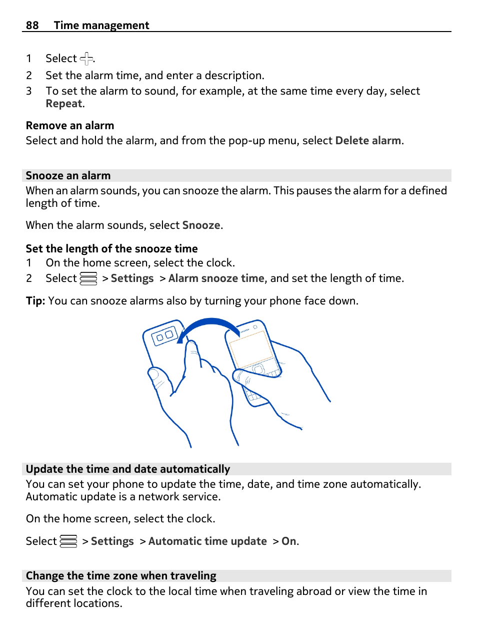 Snooze an alarm, Update the time and date automatically, Change the time zone when traveling | Nokia E6-00 User Manual | Page 88 / 126
