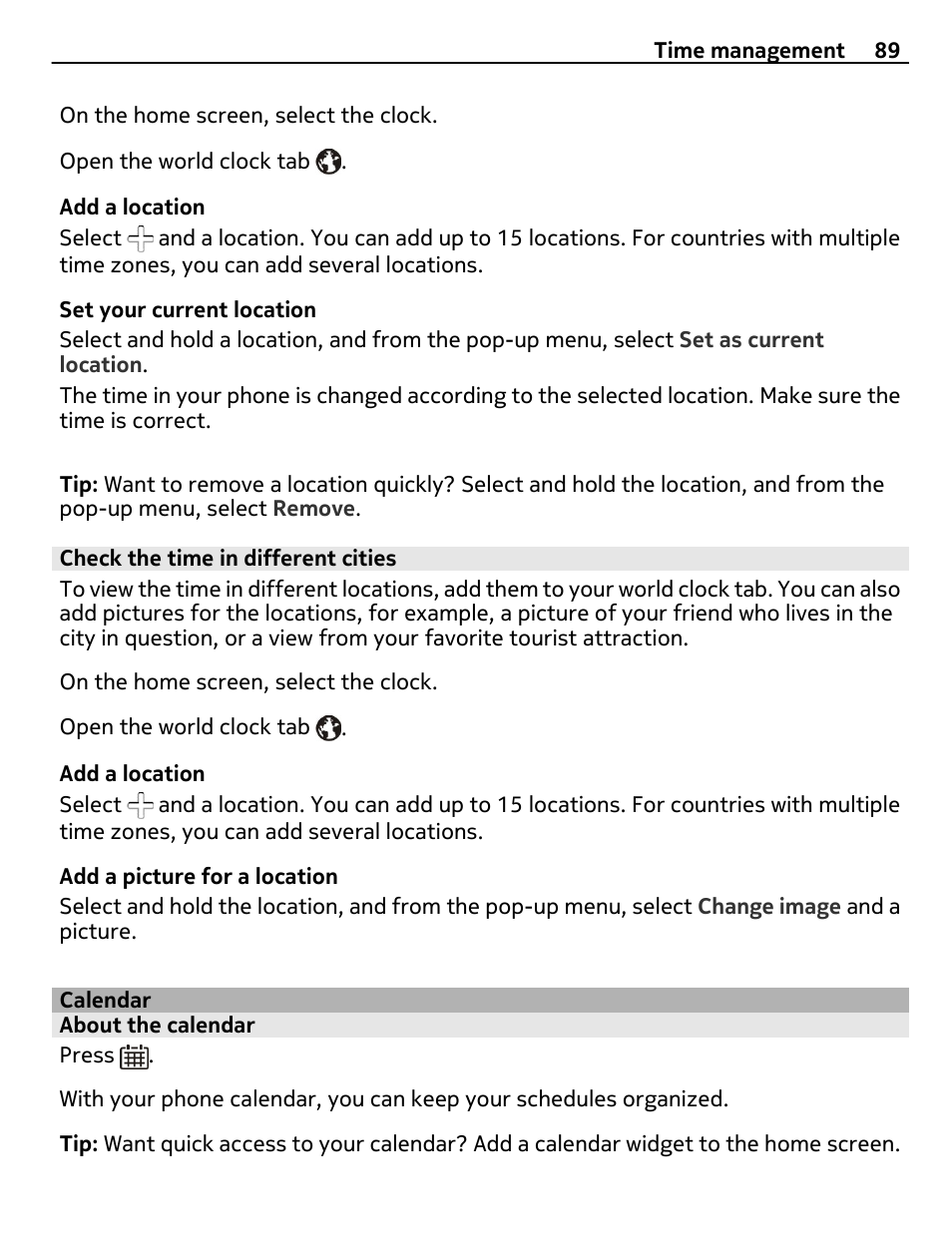 Check the time in different cities, Calendar, About the calendar | Nokia E6-00 User Manual | Page 89 / 126