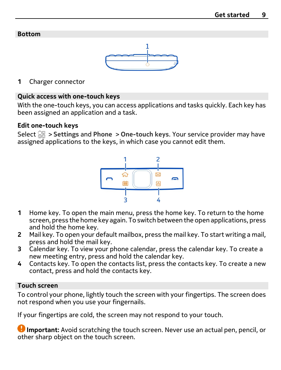 Bottom, Quick access with one-touch keys, Touch screen | Nokia E6-00 User Manual | Page 9 / 126