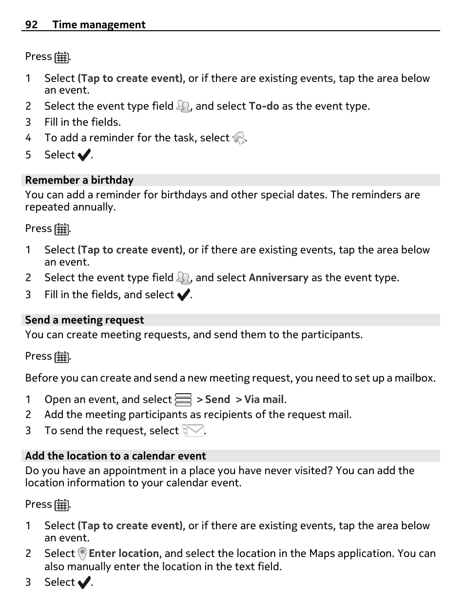 Remember a birthday, Send a meeting request, Add the location to a calendar event | Nokia E6-00 User Manual | Page 92 / 126
