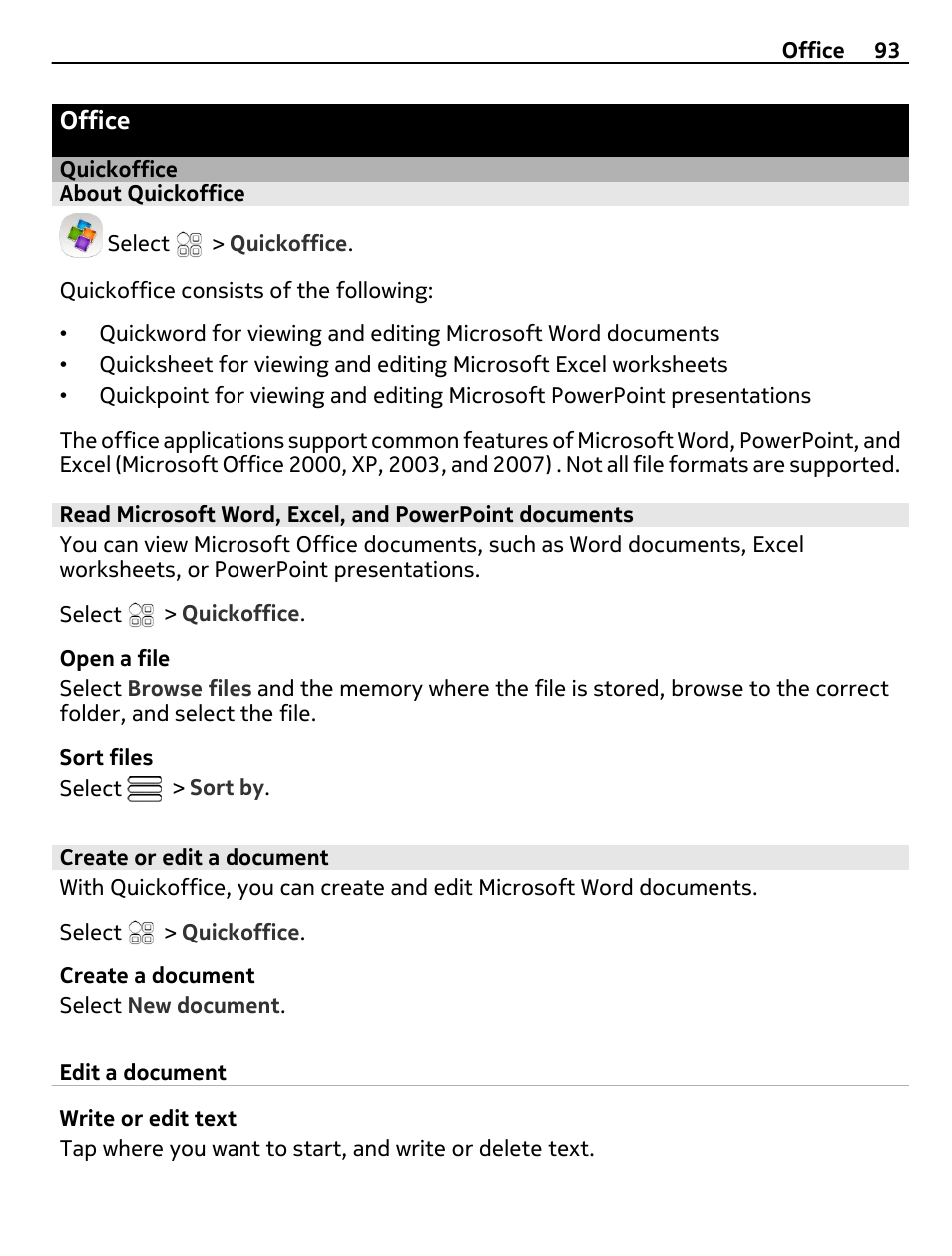 Office, Quickoffice, About quickoffice | Create or edit a document | Nokia E6-00 User Manual | Page 93 / 126
