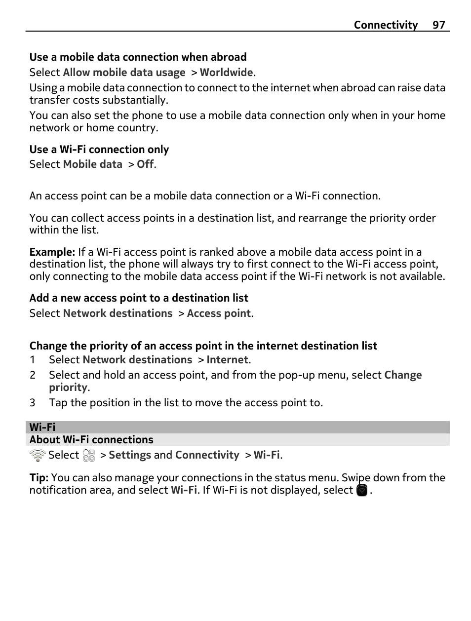 Wi-fi, About wi-fi connections, Wi-fi 97 | Nokia E6-00 User Manual | Page 97 / 126
