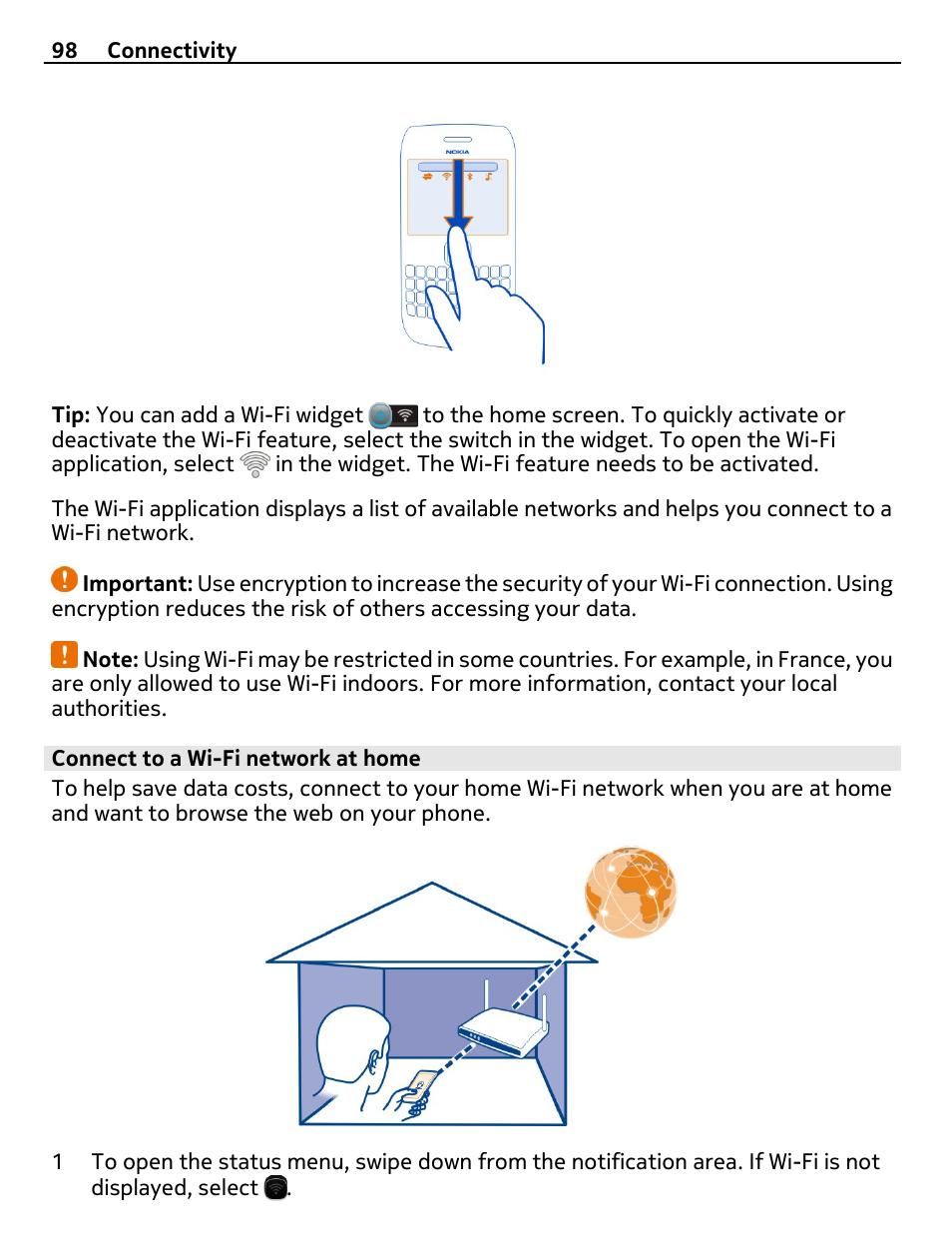 Connect to a wi-fi network at home | Nokia E6-00 User Manual | Page 98 / 126
