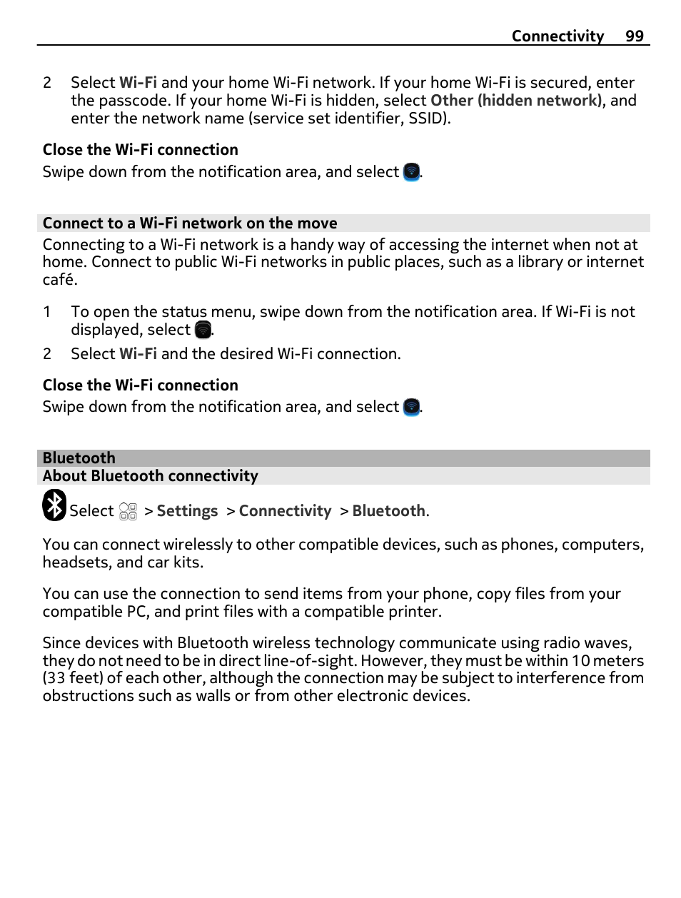Connect to a wi-fi network on the move, Bluetooth, About bluetooth connectivity | Nokia E6-00 User Manual | Page 99 / 126