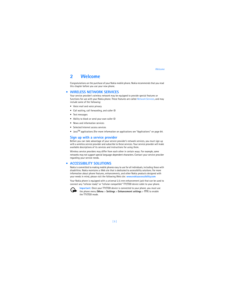 2 welcome, Wireless network services, Accessibility solutions | Welcome, Wireless network services accessibility solutions, 2welcome, Sign up with a service provider | Nokia 2285 User Manual | Page 12 / 105