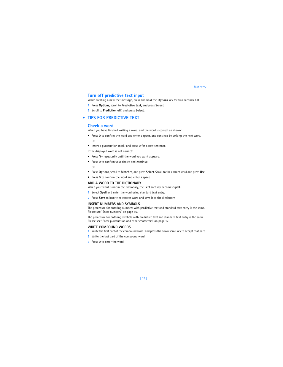 Tips for predictive text, Turn off predictive text input, Tips for predictive text check a word | Nokia 2285 User Manual | Page 26 / 105