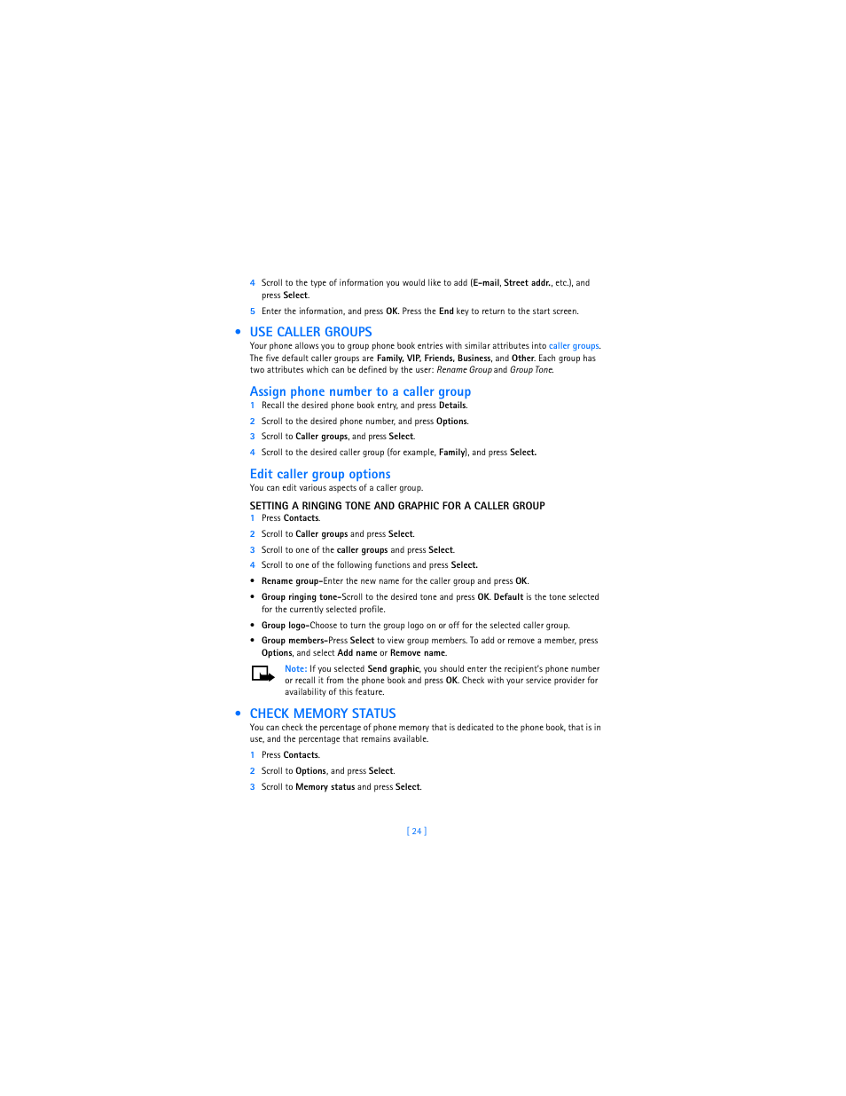 Use caller groups, Check memory status, Use caller groups check memory status | Assign phone number to a caller group, Edit caller group options | Nokia 2285 User Manual | Page 31 / 105