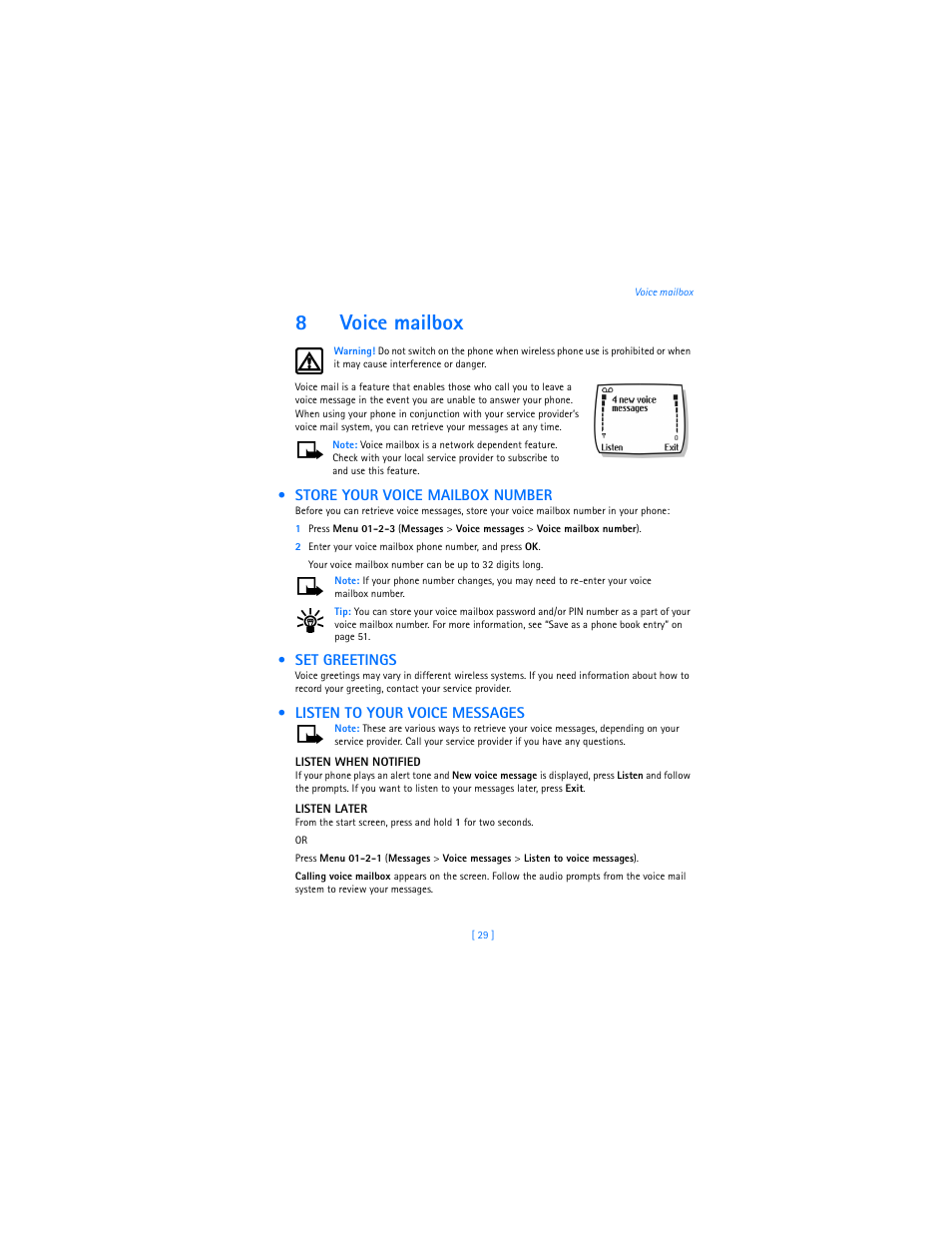 8 voice mailbox, Store your voice mailbox number, Set greetings | Listen to your voice messages, Voice mailbox, 8voice mailbox | Nokia 2285 User Manual | Page 36 / 105