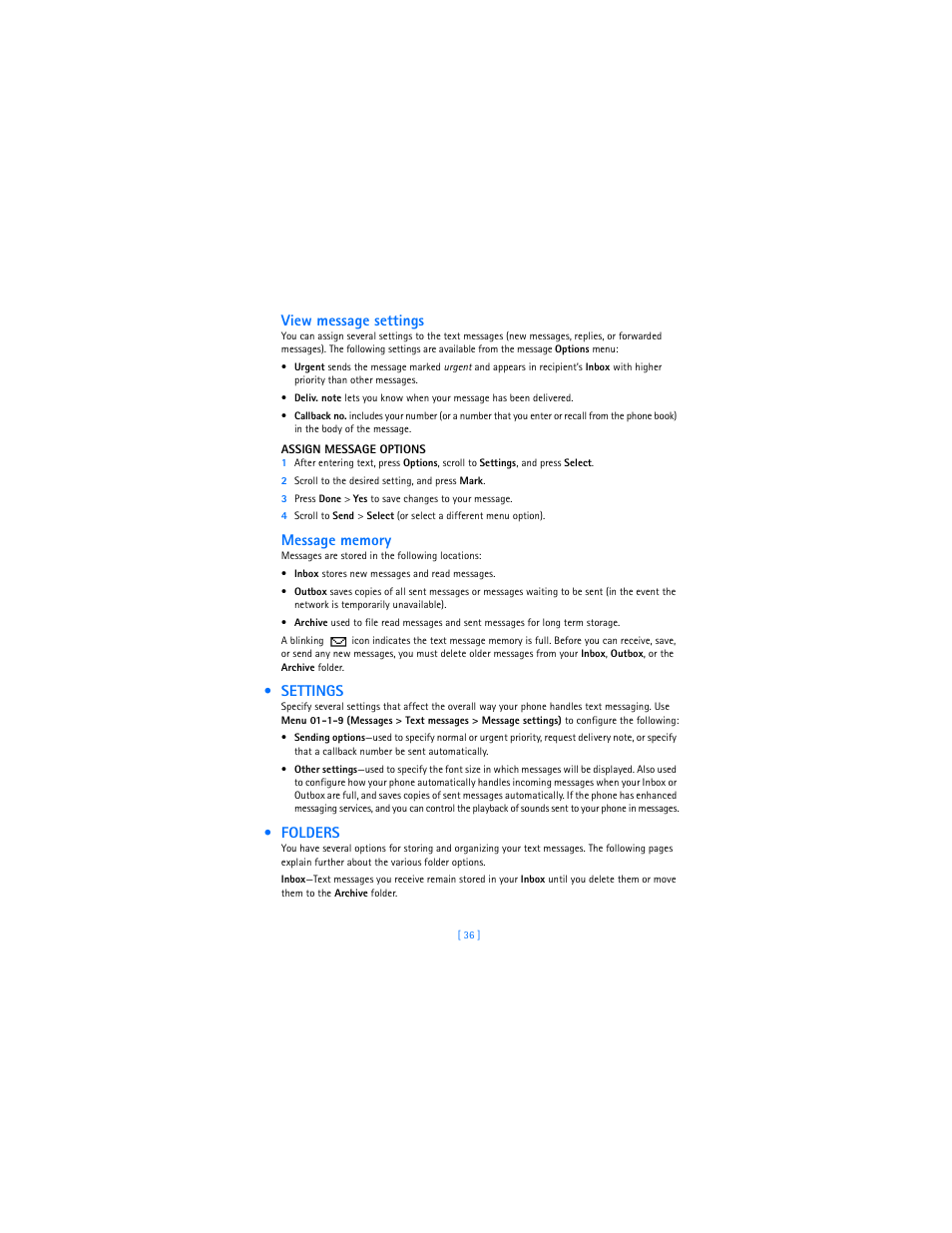 Settings, Folders, Settings folders | View message settings | Nokia 2285 User Manual | Page 43 / 105