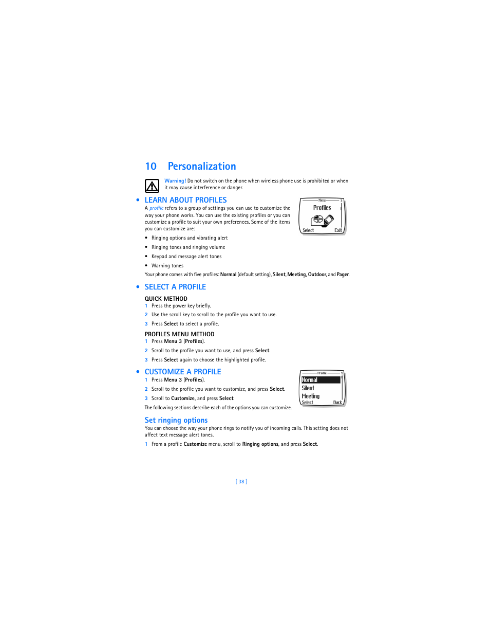 10 personalization, Learn about profiles, Select a profile | Customize a profile, Personalization, Set ringing options | Nokia 2285 User Manual | Page 45 / 105