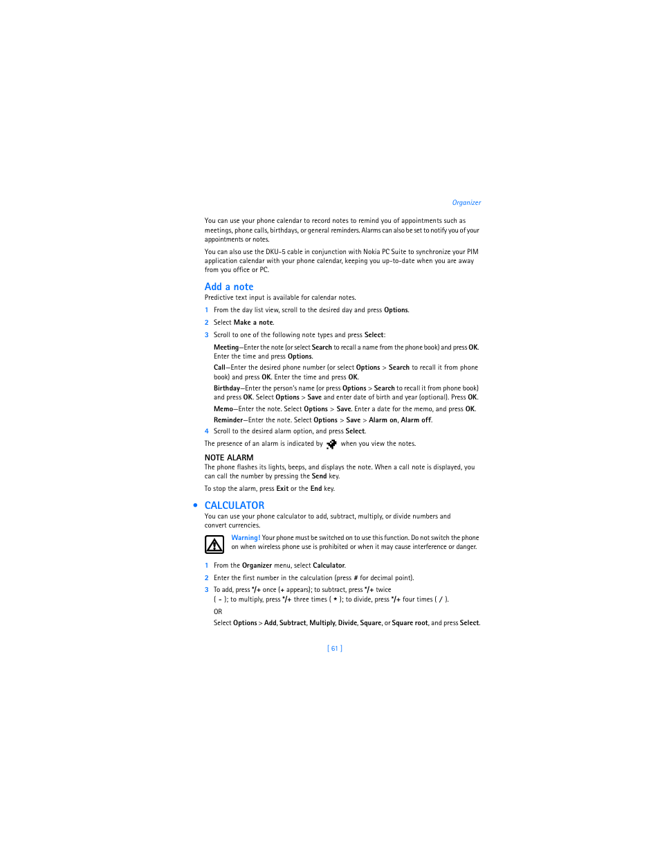 Calculator | Nokia 2285 User Manual | Page 68 / 105