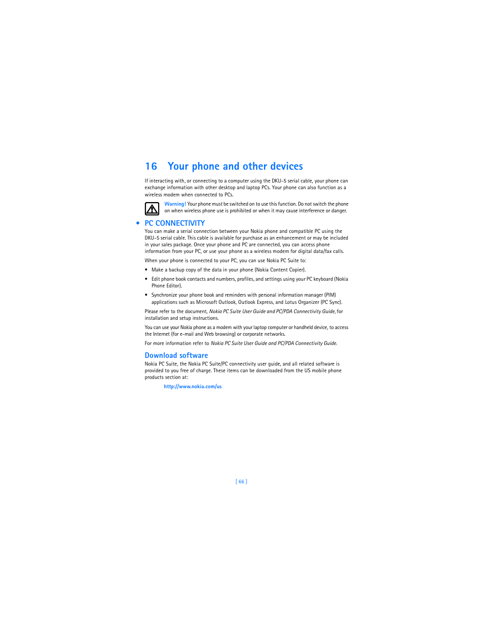 16 your phone and other devices, Pc connectivity, Your phone and other devices | Download software | Nokia 2285 User Manual | Page 73 / 105