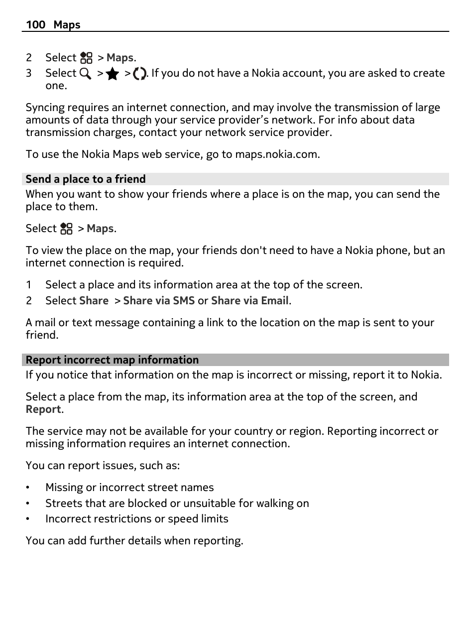 Send a place to a friend, Report incorrect map information, Report incorrect map information 100 | Nokia 808 User Manual | Page 100 / 138