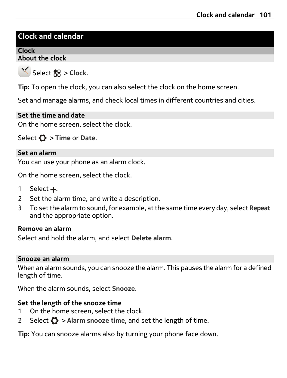 Clock and calendar, Clock, About the clock | Set the time and date, Set an alarm, Snooze an alarm | Nokia 808 User Manual | Page 101 / 138