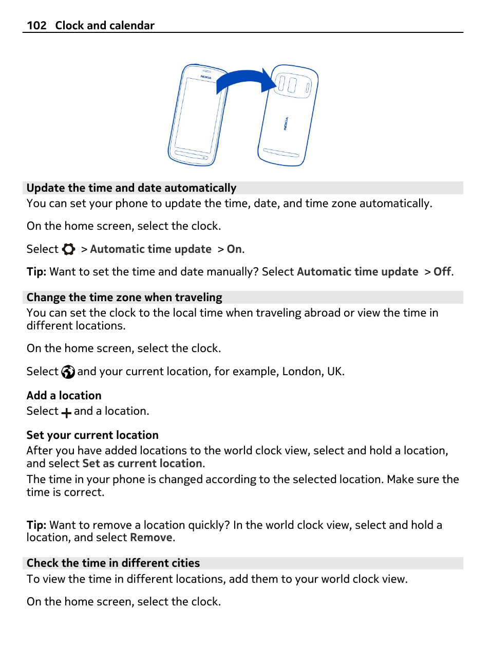 Update the time and date automatically, Change the time zone when traveling, Check the time in different cities | Nokia 808 User Manual | Page 102 / 138