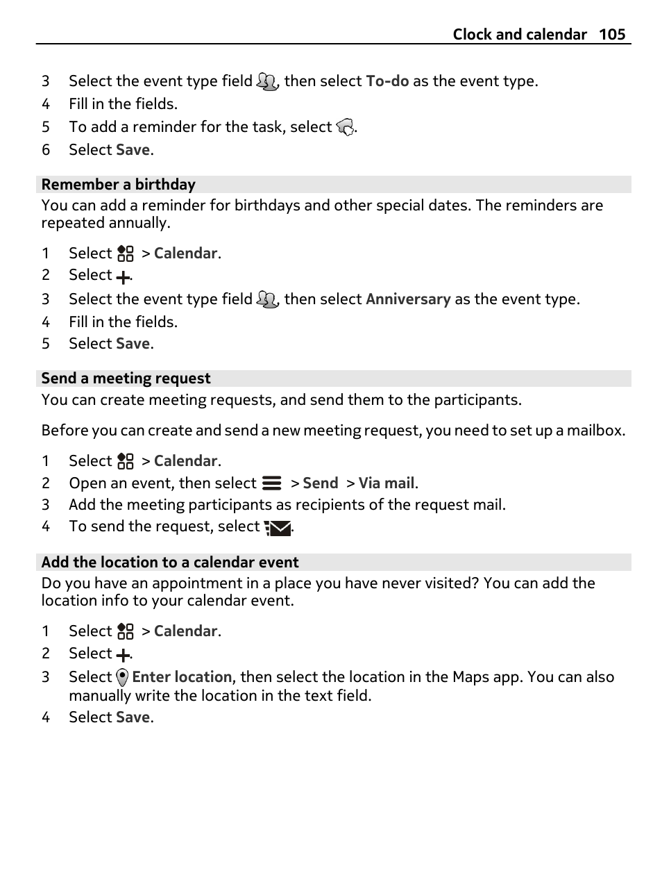 Remember a birthday, Send a meeting request, Add the location to a calendar event | Nokia 808 User Manual | Page 105 / 138