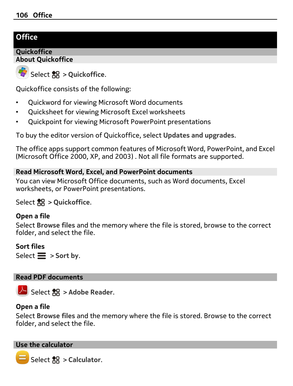 Office, Quickoffice, About quickoffice | Read pdf documents, Use the calculator | Nokia 808 User Manual | Page 106 / 138