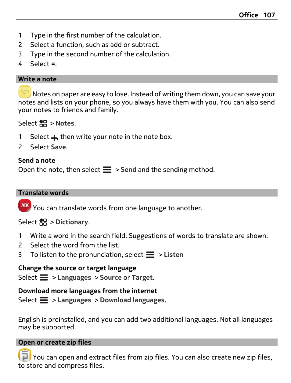 Write a note, Translate words, Open or create zip files | Nokia 808 User Manual | Page 107 / 138