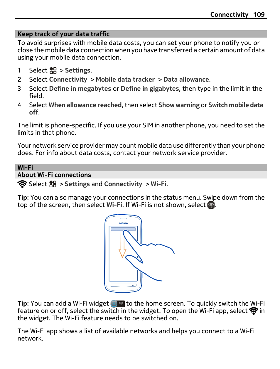 Keep track of your data traffic, Wi-fi, About wi-fi connections | Nokia 808 User Manual | Page 109 / 138