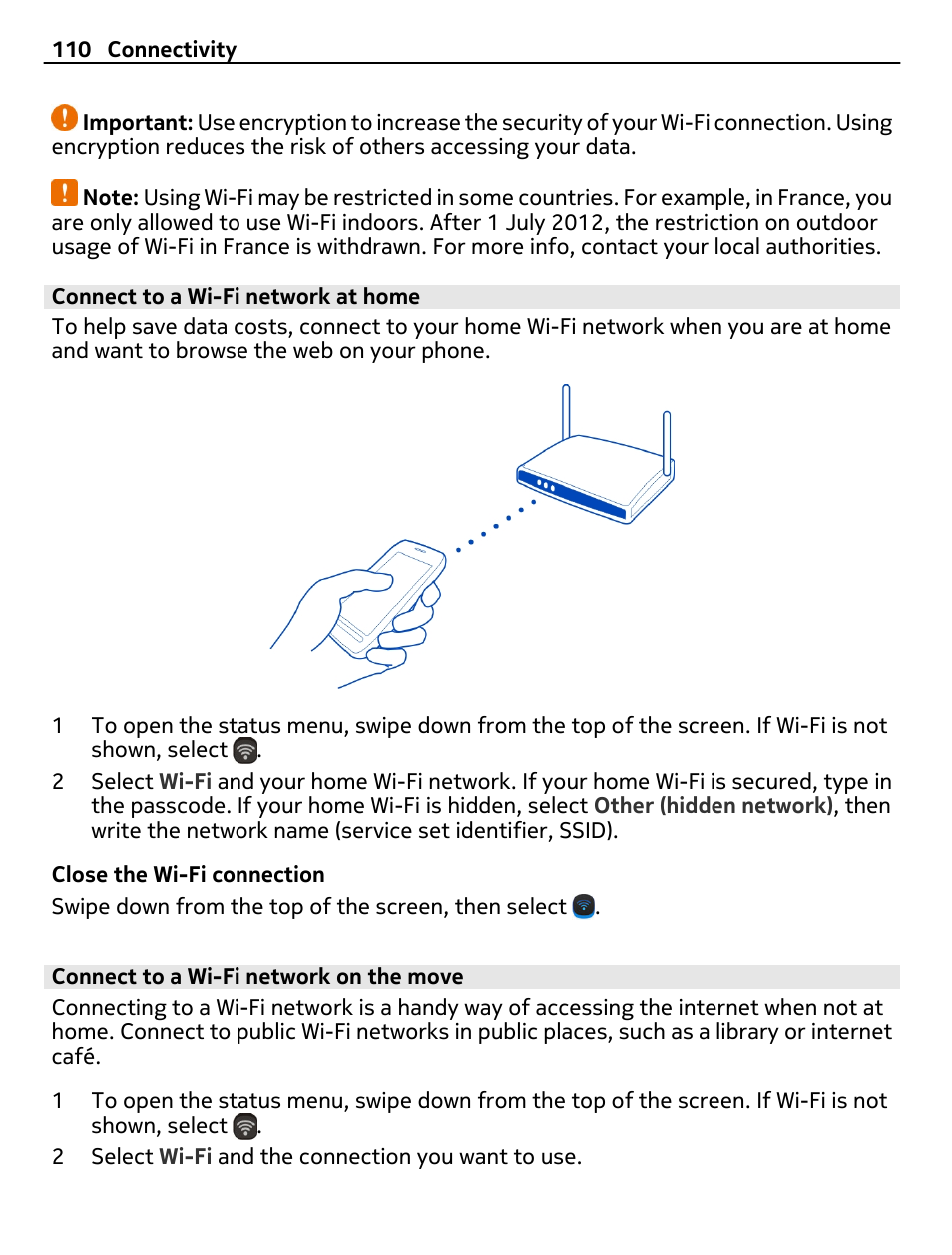 Connect to a wi-fi network at home, Connect to a wi-fi network on the move | Nokia 808 User Manual | Page 110 / 138