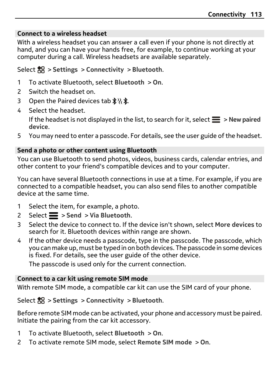 Connect to a wireless headset, Send a photo or other content using bluetooth, Connect to a car kit using remote sim mode | Nokia 808 User Manual | Page 113 / 138