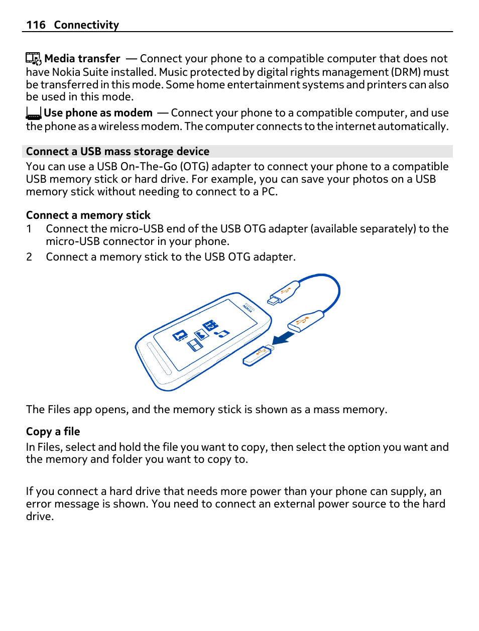 Connect a usb mass storage device | Nokia 808 User Manual | Page 116 / 138