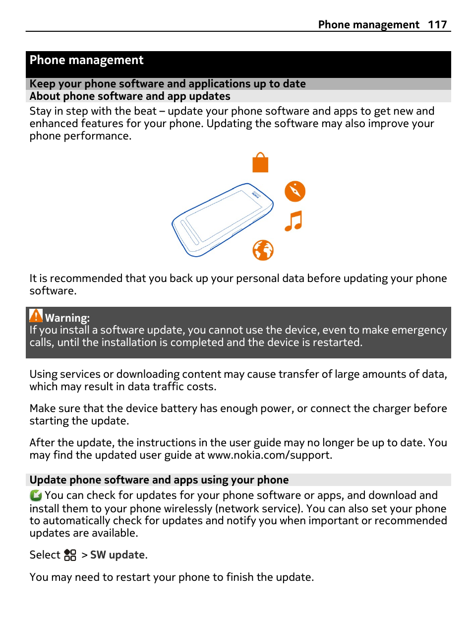 Phone management, About phone software and app updates, Update phone software and apps using your phone | Keep your phone software and, Applications up to date | Nokia 808 User Manual | Page 117 / 138