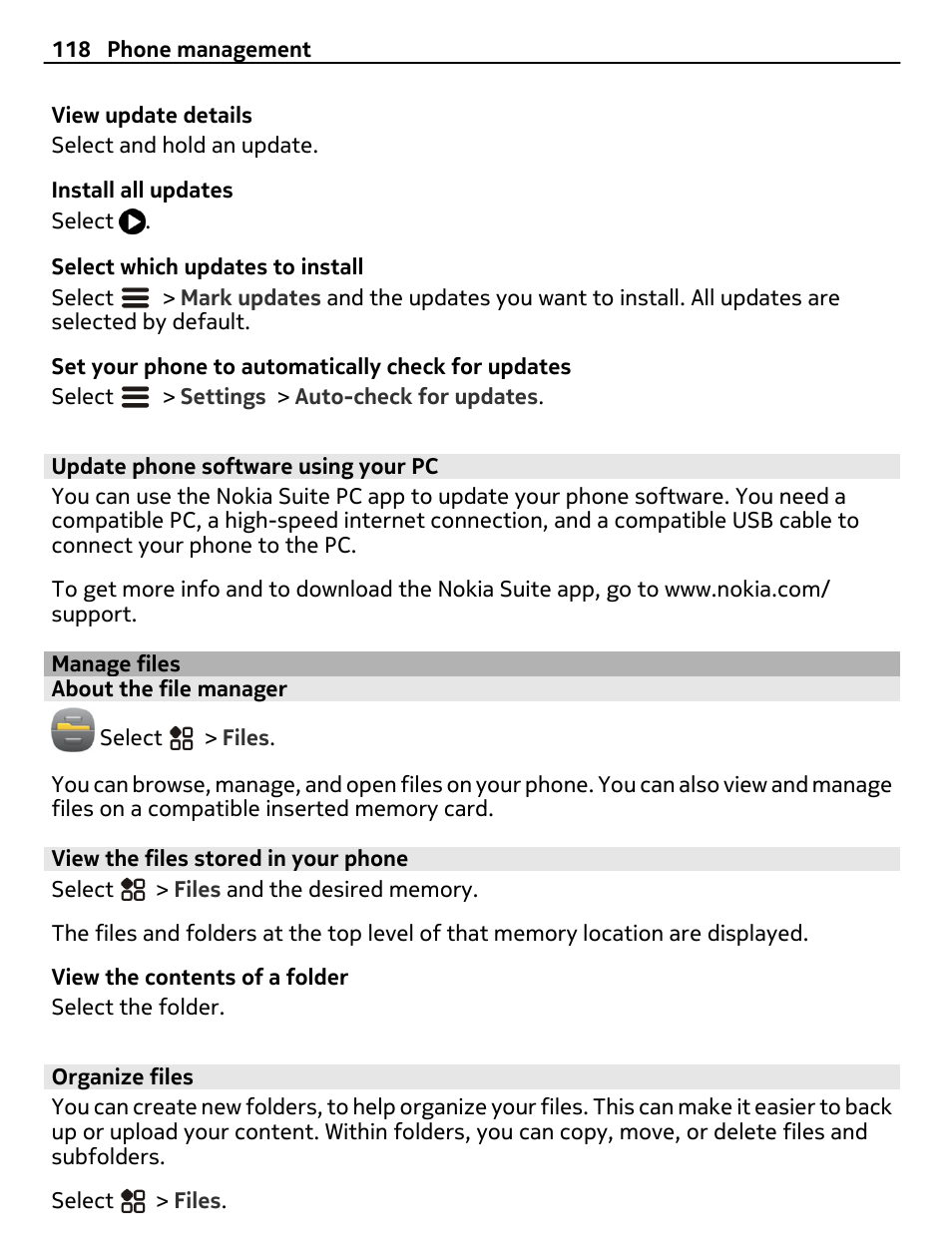 Update phone software using your pc, Manage files, About the file manager | View the files stored in your phone, Organize files | Nokia 808 User Manual | Page 118 / 138