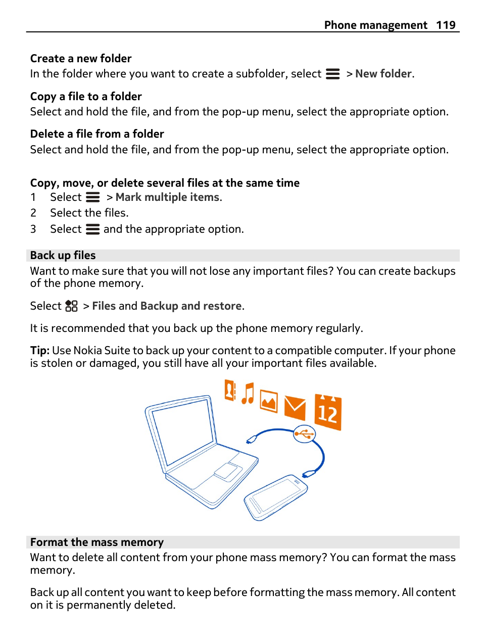 Back up files, Format the mass memory | Nokia 808 User Manual | Page 119 / 138