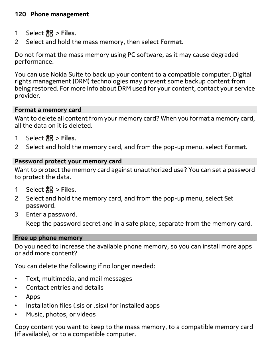 Format a memory card, Password protect your memory card, Free up phone memory | Nokia 808 User Manual | Page 120 / 138