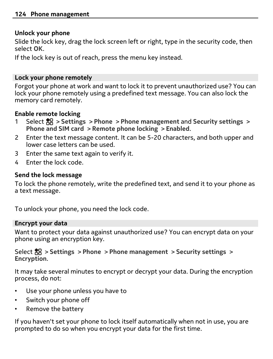Lock your phone remotely, Encrypt your data | Nokia 808 User Manual | Page 124 / 138