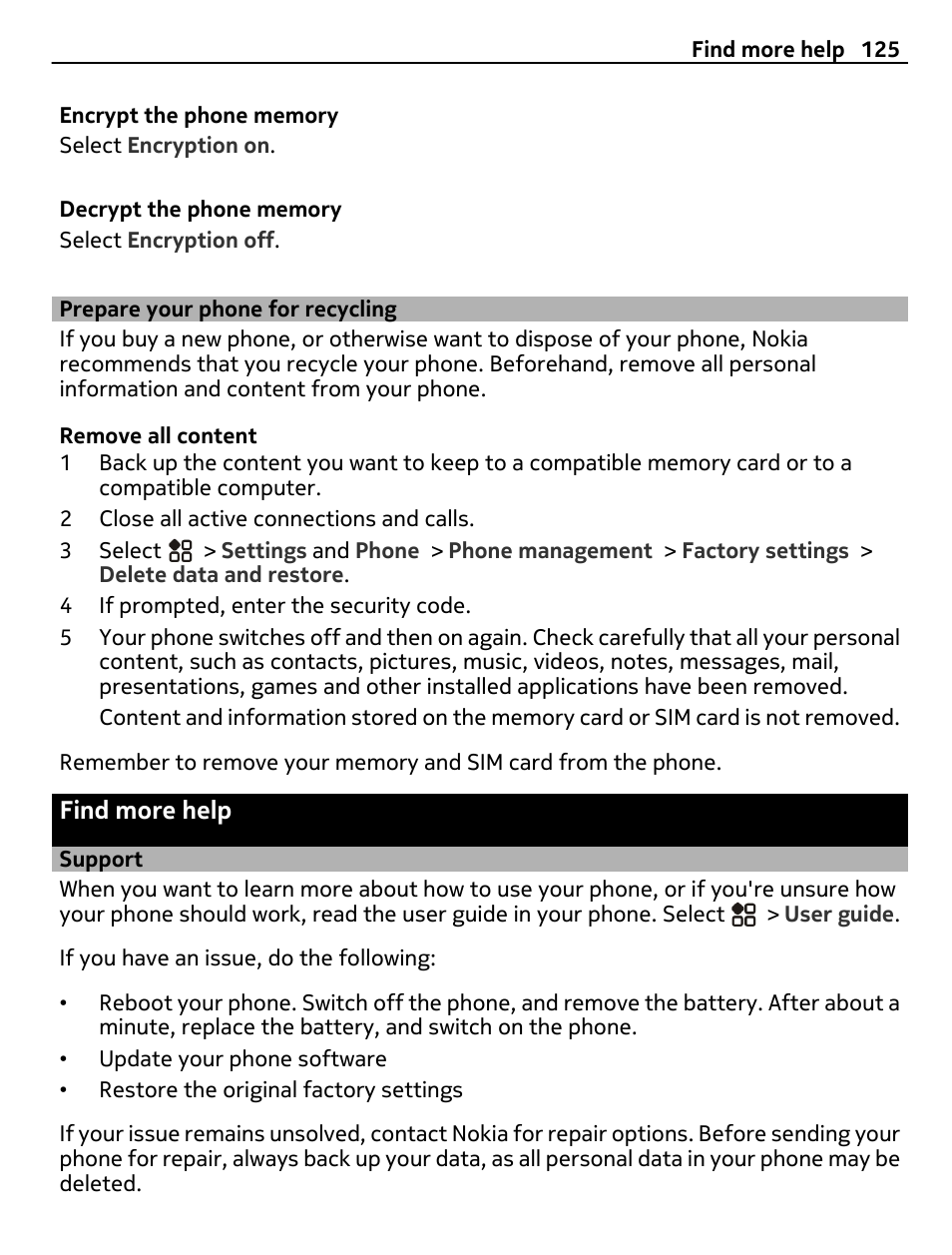 Prepare your phone for recycling, Find more help, Support | Nokia 808 User Manual | Page 125 / 138