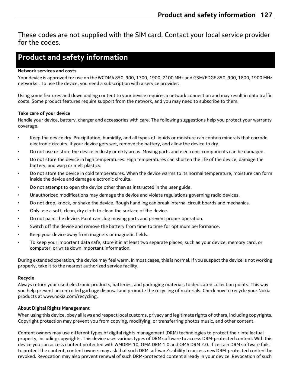 Product and safety information, Network services and costs, Take care of your device | Recycle, About digital rights management, Product and safety information 127 | Nokia 808 User Manual | Page 127 / 138