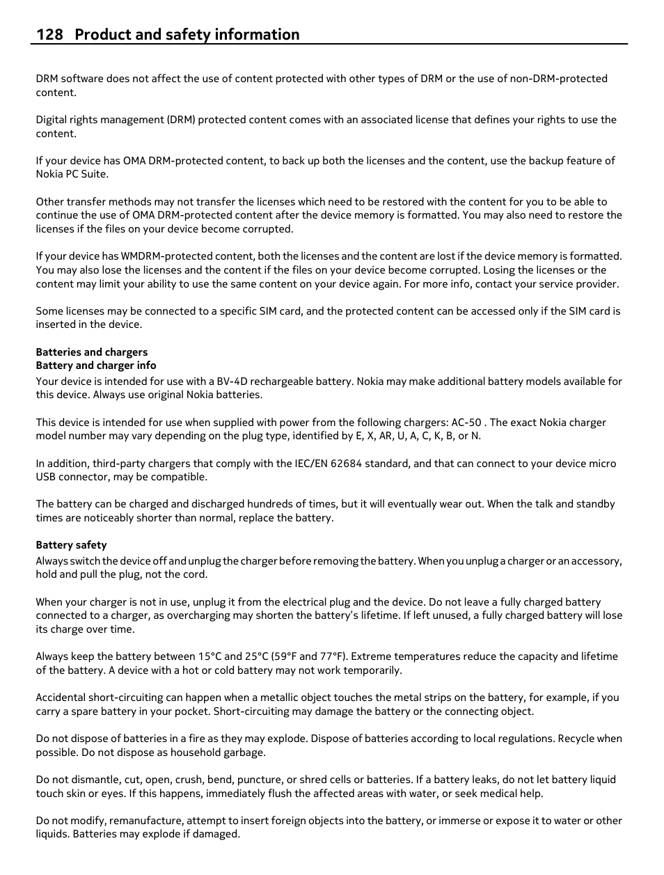 Batteries and chargers, Battery and charger info, Battery safety | 128 product and safety information | Nokia 808 User Manual | Page 128 / 138